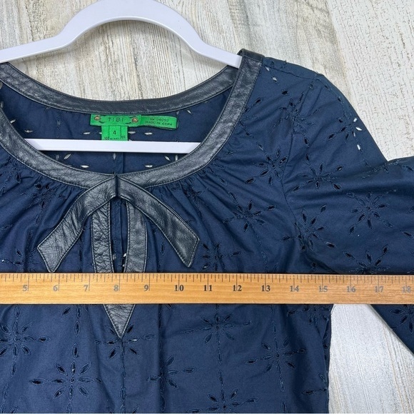 TIBI Navy Blue Eyelet Blouse Size 4 Leather Trim Neck Bow Details - Picture 8 of 12